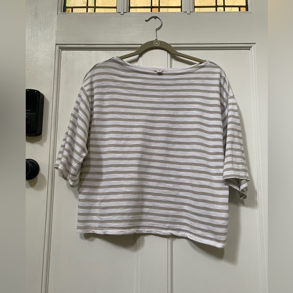 GAP Tops - GAP Taupe and White Striped 3/4 Sleeve T-Shirt